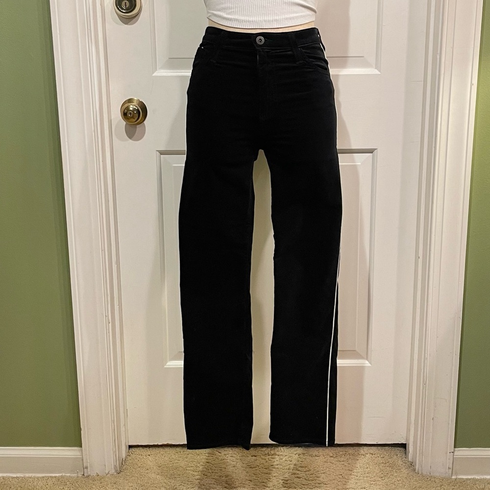 Black velvet straight leg pants with white stripe from Adriano Goldschmeid